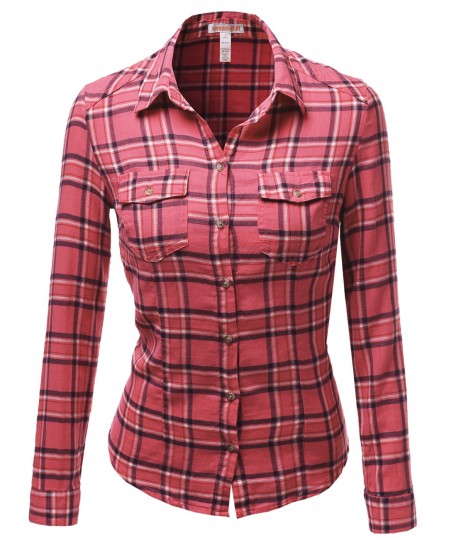 Women's Long Sleeve Checkered Button Down Plaid Shirt Top Blouses