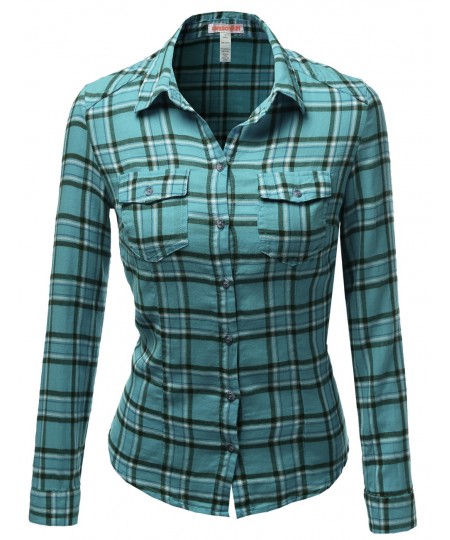 Women's Long Sleeve Checkered Button Down Plaid Shirt Top Blouses