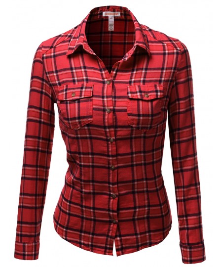 Women's Long Sleeve Checkered Button Down Plaid Shirt Top Blouses