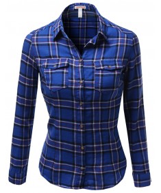 Women's Long Sleeve Checkered Button Down Plaid Shirt Top Blouses