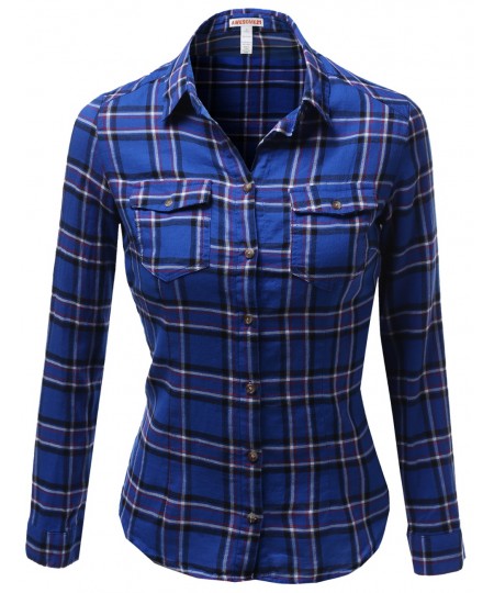 Women's Long Sleeve Checkered Button Down Plaid Shirt Top Blouses