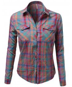 Women's Long Sleeve Checkered Button Down Plaid Shirt Top Blouses