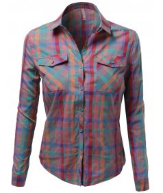 Women's Long Sleeve Checkered Button Down Plaid Shirt Top Blouses