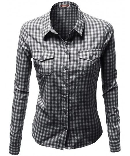 Women's Basic Slim Fit Roll Up Sleeve Plaid Shirt Blouses