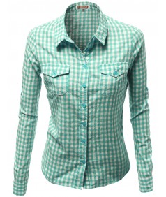 Women's Basic Slim Fit Roll Up Sleeve Plaid Shirt Blouses