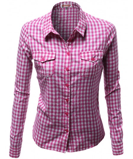 Women's Basic Slim Fit Roll Up Sleeve Plaid Shirt Blouses