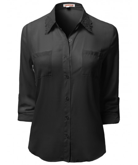 Women's Lace Embroidered Chiffon Button Down Shirt Blouses