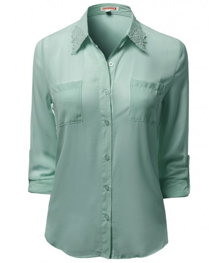 Women's Lace Embroidered Chiffon Button Down Shirt Blouses