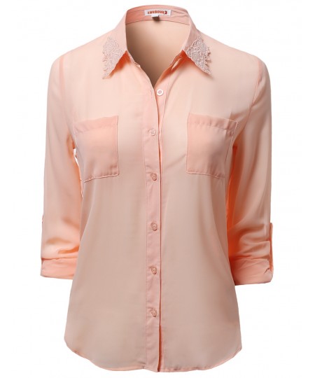 Women's Lace Embroidered Chiffon Button Down Shirt Blouses