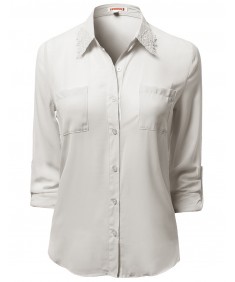 Women's Lace Embroidered Chiffon Button Down Shirt Blouses