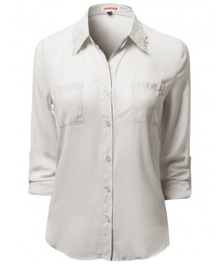 Women's Lace Embroidered Chiffon Button Down Shirt Blouses