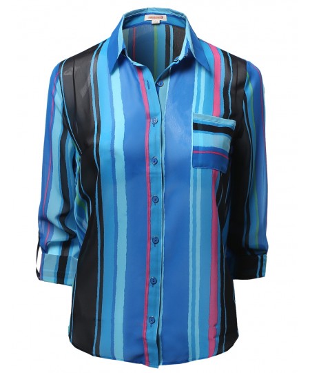 Women's Roll Up Stripe Pattern Button Down Shirt Blouses