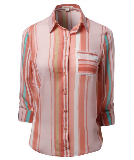 Women's Roll Up Stripe Pattern Button Down Shirt Blouses