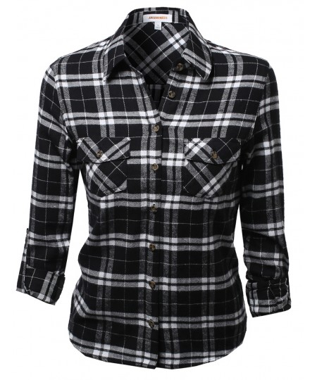 Women's Flannel Plaid Checker Roll Up Sleeves Button Down Shirt