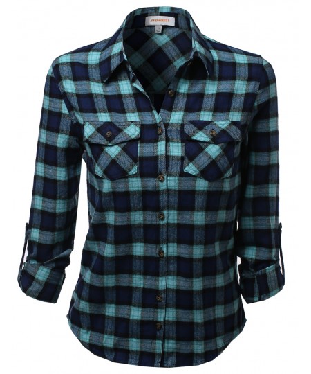 Women's Flannel Plaid Checker Roll Up Sleeves Button Down Shirt