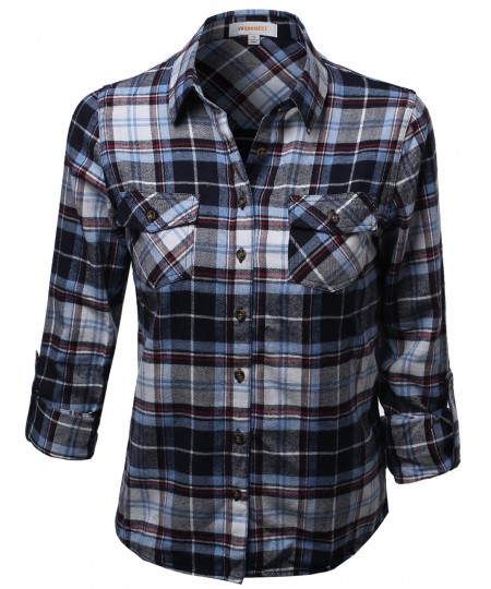 Women's Flannel Plaid Checker Roll Up Sleeves Button Down Shirt