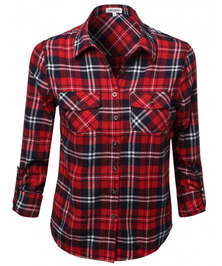 Women's Flannel Plaid Checker Roll Up Sleeves Button Down Shirt