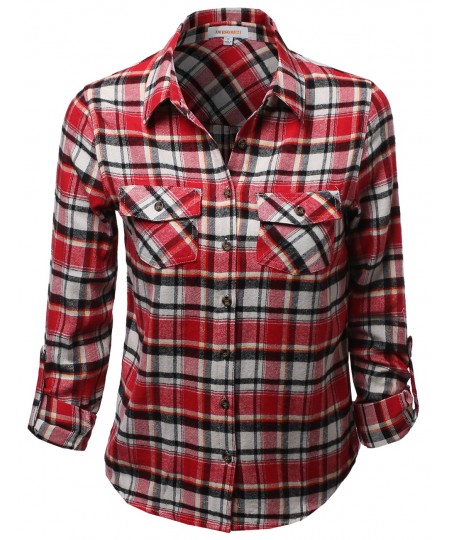 Women's Flannel Plaid Checker Roll Up Sleeves Button Down Shirt