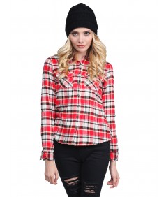 Women's Flannel Plaid Checker Roll Up Sleeves Button Down Shirt