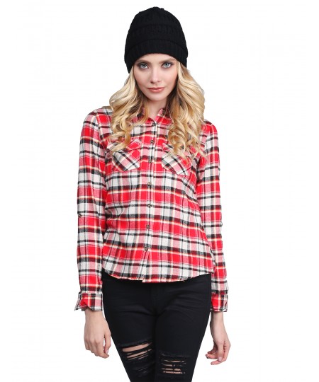 Women's Flannel Plaid Checker Roll Up Sleeves Button Down Shirt