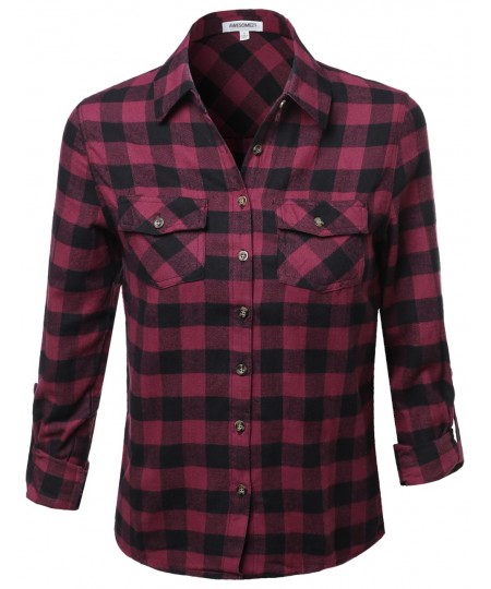 Women's Flannel Plaid Checker Roll Up Sleeves Button Down Shirt