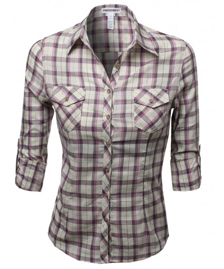 Women's Slim Fit Line Twill Plaid Checker Rolled Up Blouse Top