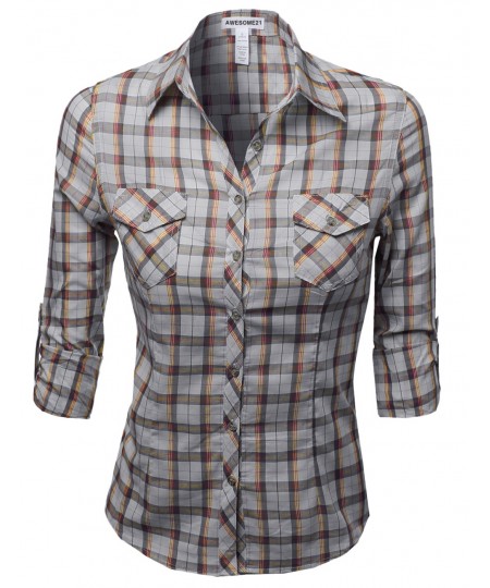 Women's Slim Fit Line Twill Plaid Checker Rolled Up Blouse Top