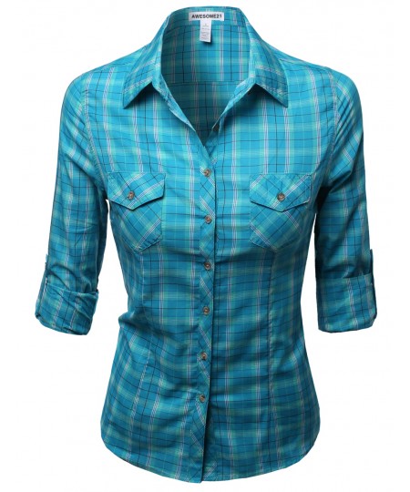Women's Slim Fit Line Twill Plaid Checker Rolled Up Blouse Top