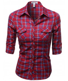 Women's Slim Fit Line Twill Plaid Checker Rolled Up Blouse Top