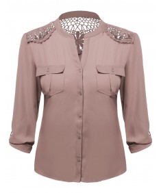 Women's Lace Patch Adjustable Tabbed Long Sleeve Blouse Plus Size
