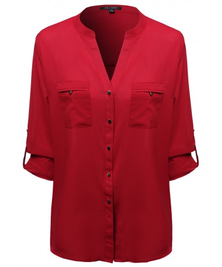 Women's Button Down Adjustable Tabbed Long Sleeve Shirt Blouse