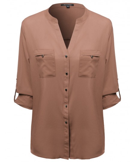 Women's Button Down Adjustable Tabbed Long Sleeve Shirt Blouse