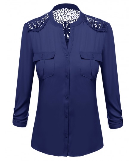 Women's Lace Patch Adjustable Tabbed Long Sleeve Shirt Blouse