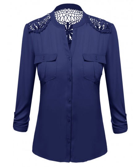 Women's Lace Patch Adjustable Tabbed Long Sleeve Shirt Blouse