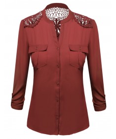 Women's Lace Patch Adjustable Tabbed Long Sleeve Shirt Blouse