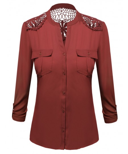 Women's Lace Patch Adjustable Tabbed Long Sleeve Shirt Blouse