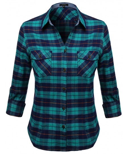 Women's Flannel Plaid Checker Roll Up Sleeves Button Down Shirt