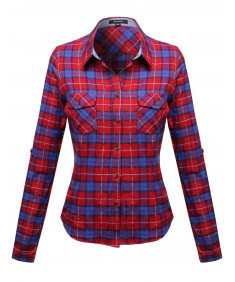 Women's Flannel Plaid Checker Roll Up Sleeves Button Down Shirt