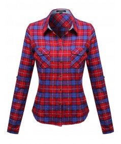 Women's Flannel Plaid Checker Roll Up Sleeves Button Down Shirt