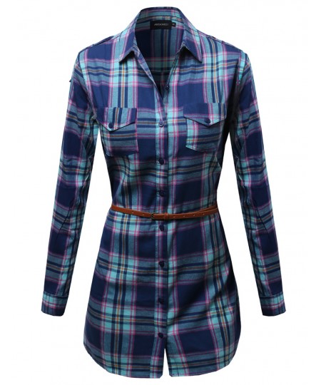 Women's Super Cute Flannel Plaid Checkered Shirt Dress With Belt