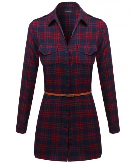 Women's Super Cute Flannel Plaid Checkered Shirt Dress With Belt