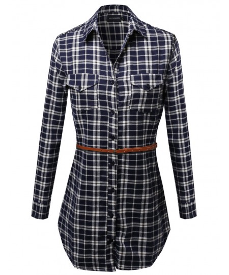 Women's Super Cute Flannel Plaid Checkered Shirt Dress With Belt