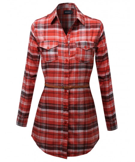 Women's Super Cute Flannel Plaid Checkered Shirt Dress With Belt