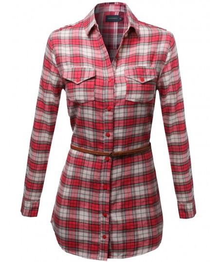 Women's Super Cute Flannel Plaid Checkered Shirt Dress With Belt