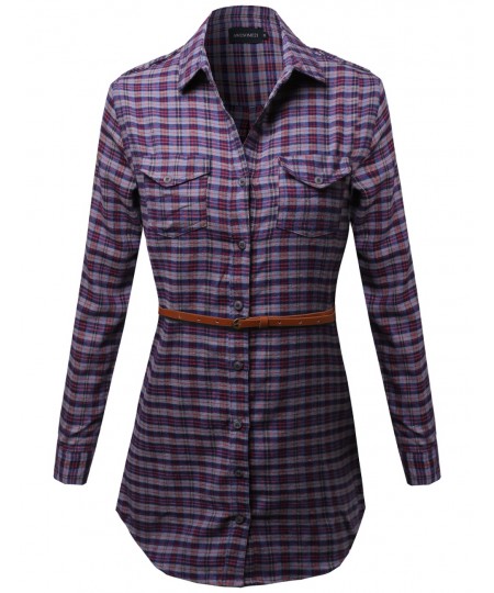 Women's Super Cute Flannel Plaid Checkered Shirt Dress With Belt