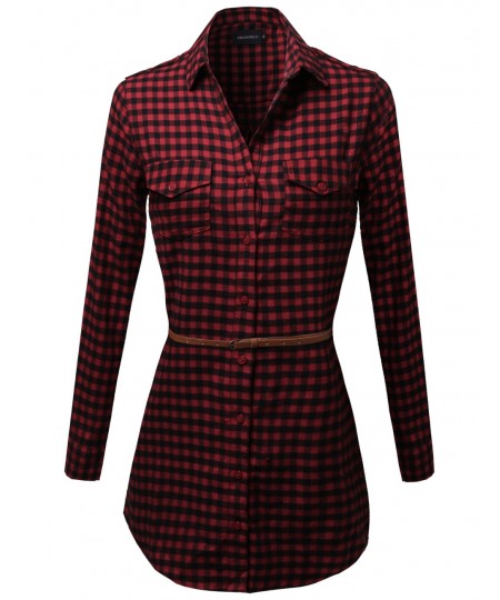 Women's Super Cute Flannel Plaid Checkered Shirt Dress With Belt