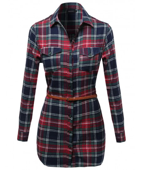 Women's Super Cute Flannel Plaid Checkered Shirt Dress With Belt