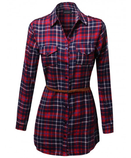 Women's Super Cute Flannel Plaid Checkered Shirt Dress With Belt