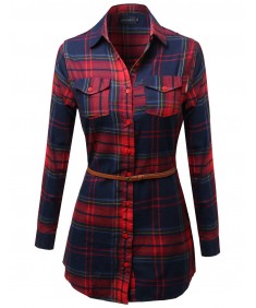 Women's Super Cute Flannel Plaid Checkered Shirt Dress With Belt