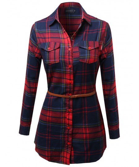 Women's Super Cute Flannel Plaid Checkered Shirt Dress With Belt